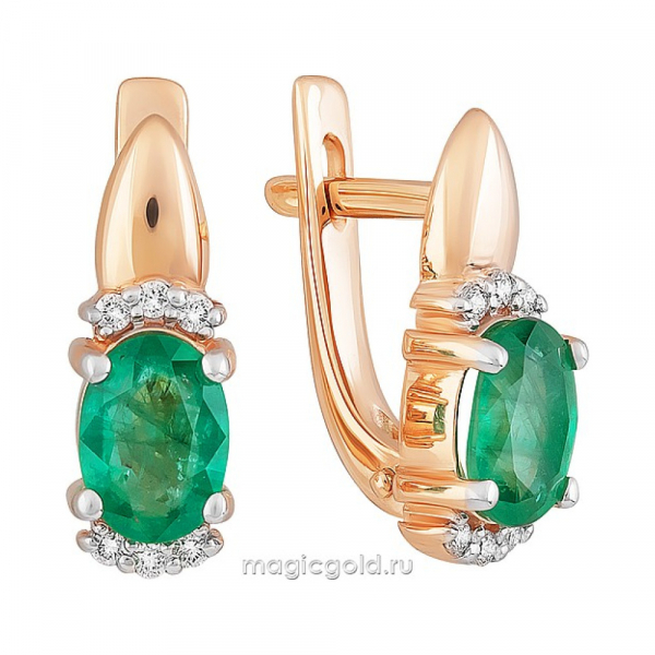Золотые серьги с бриллиантом и изумрудом № 161531