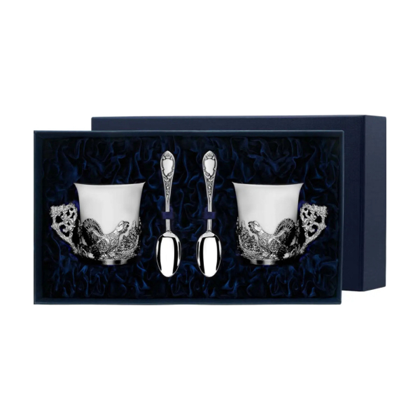 Набор кофейных чашек Глухарь: ложка, чашка из серебра 925 пробы