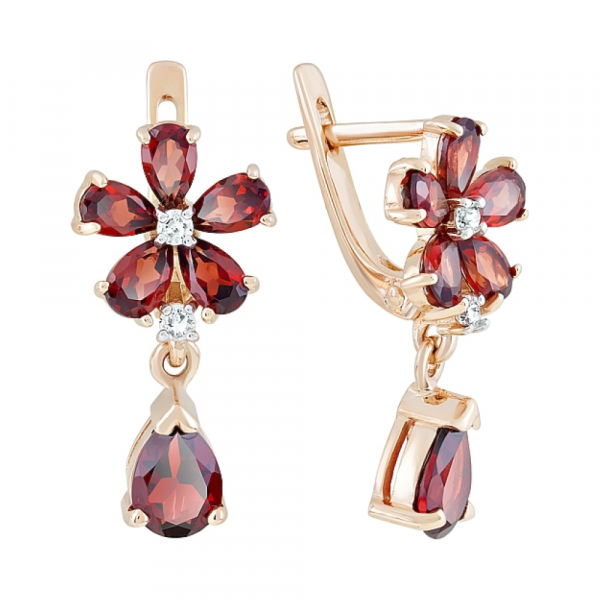 Золотые серьги с гранатом и фианитом № 120824