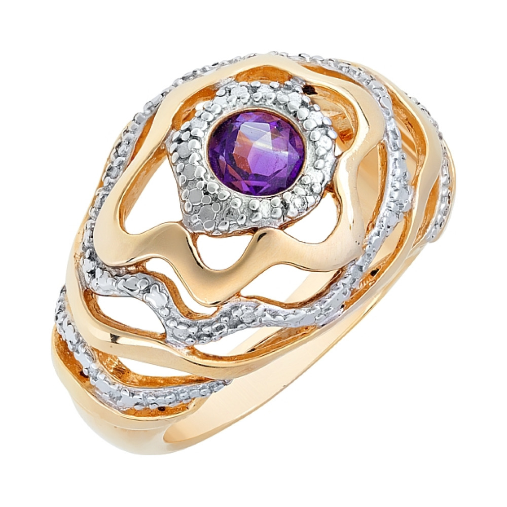 Серебряное кольцо с аметистом, фианитом и золот. покр. № 75045