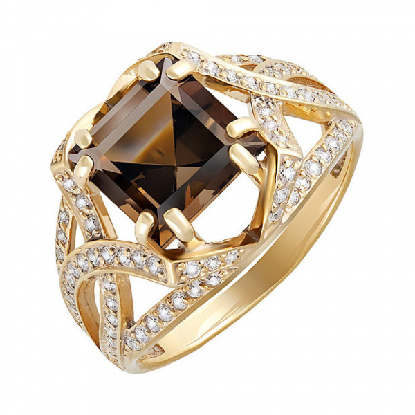 Серебряное кольцо с раухтопазом, фианитом и золотым покрытием № 132619