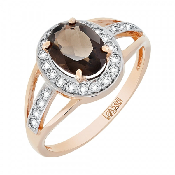 Золотое кольцо с раухтопазом и фианитом № 117594