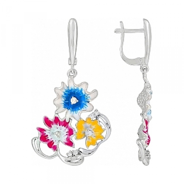 Серебряные серьги с эмалью и фианитом № 115002