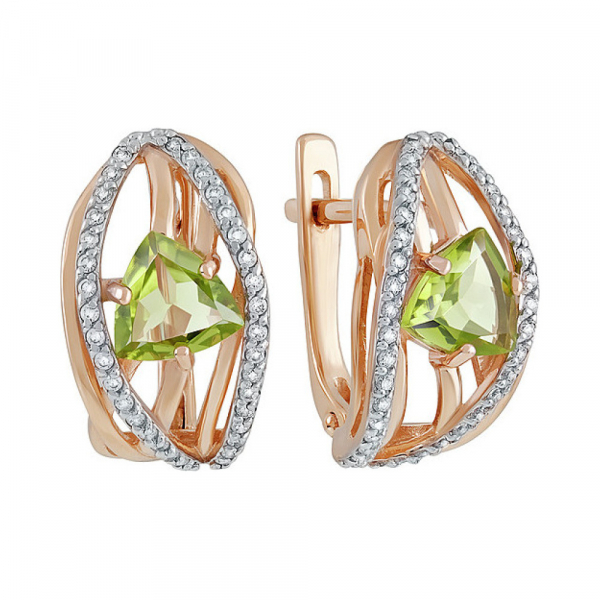 Золотые серьги с хризолитом и фианитом № 134489