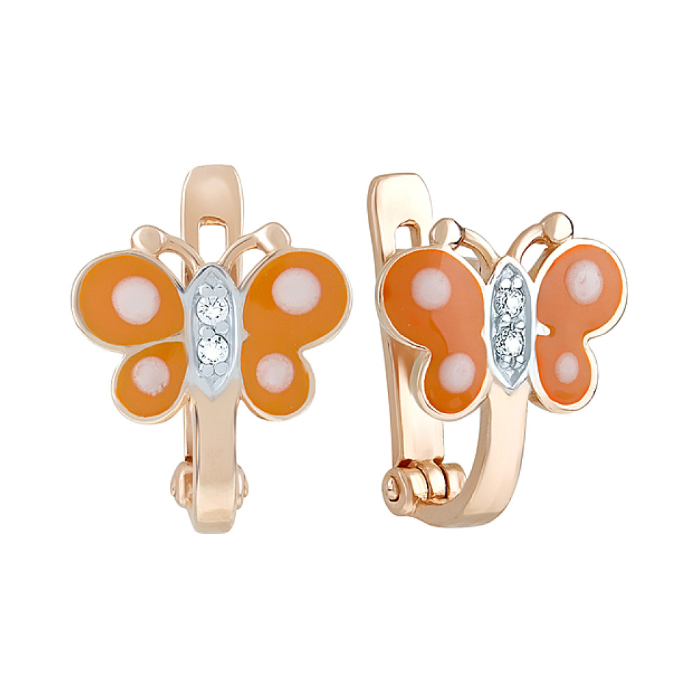 Золотые серьги с эмалью и фианитами № 126791