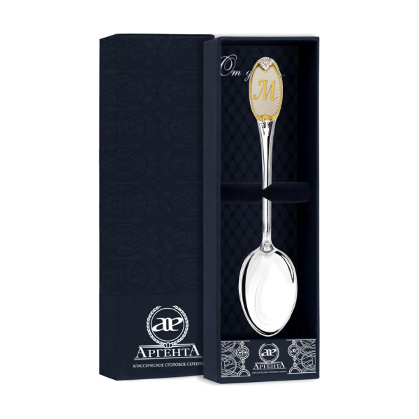 Ложка чайная с логотипом М с позолотой из серебра 925 пробы