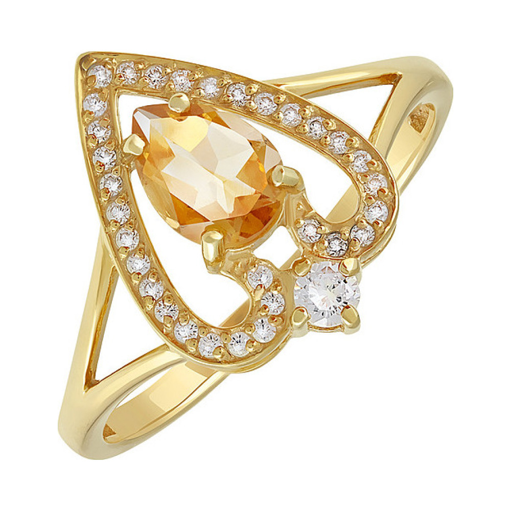 Серебряное кольцо с цитрином, фианитом и золотым покрытием № 133929