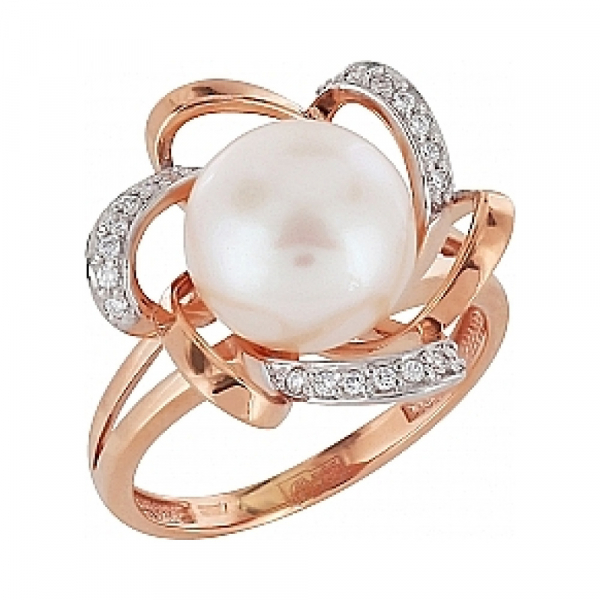 Золотое кольцо с бриллиантом и жемчугом № 104371