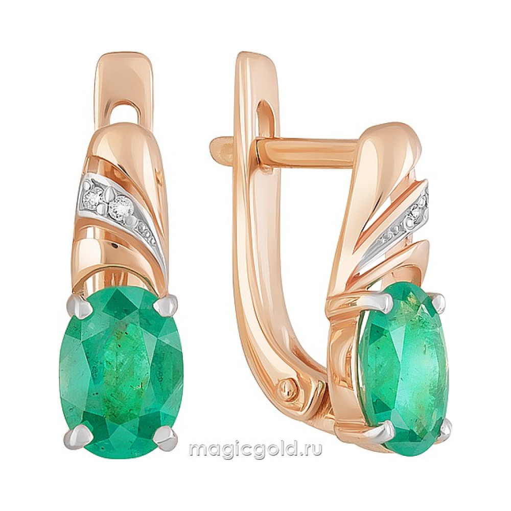 Золотые серьги с бриллиантом и изумрудом № 161418