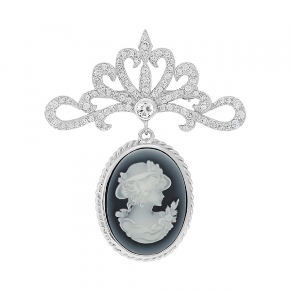 Серебряная брошь с фианитом и карбоном № 108408