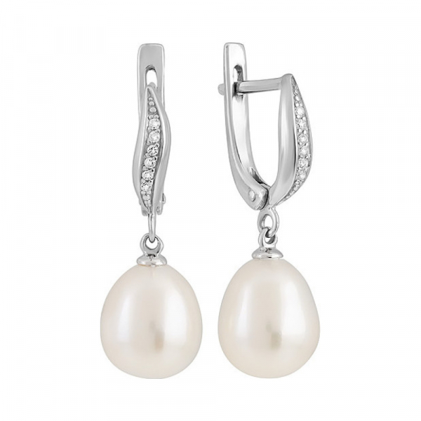 Серебряные серьги с жемчугом и фианитом № 131573