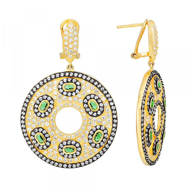 Серебряные серьги с фианитом черным и золотым покрытием № 115606