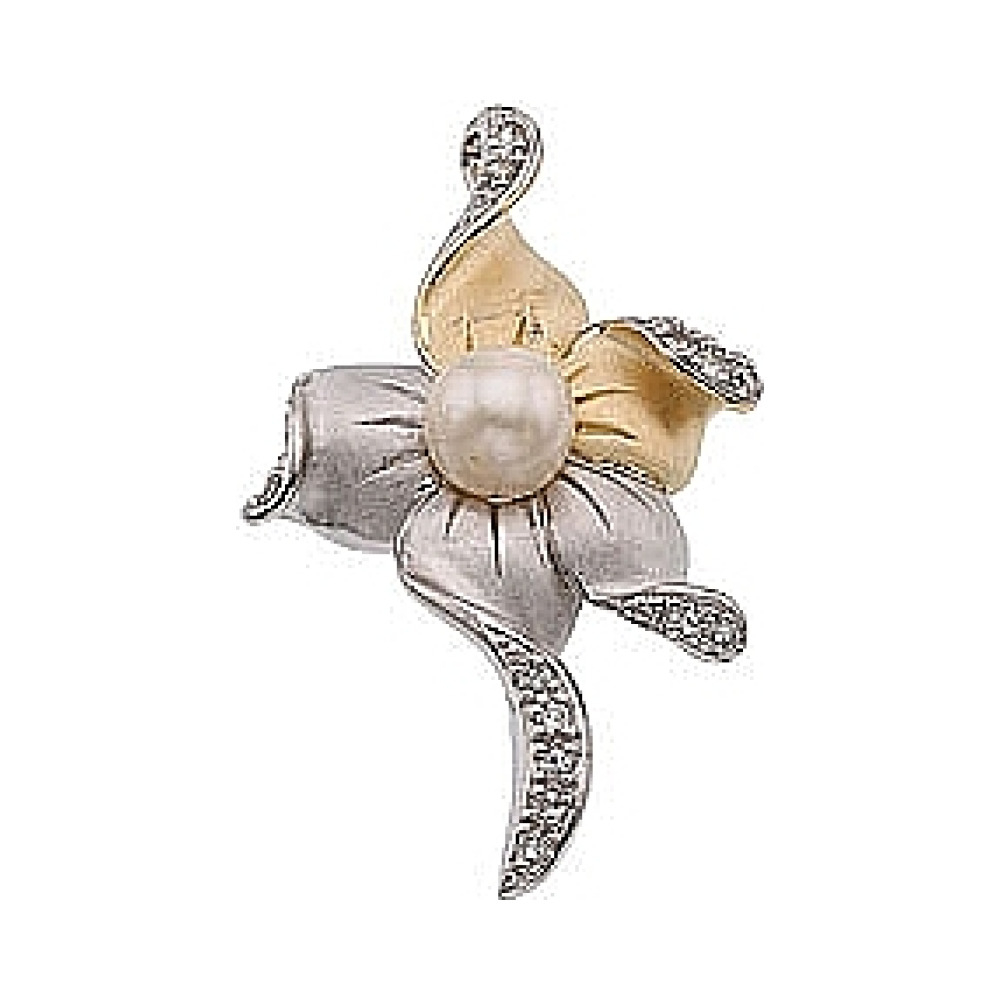 Серебряная подвеска с фианитом, золотым покрытием и имитац жемчуга № 33775