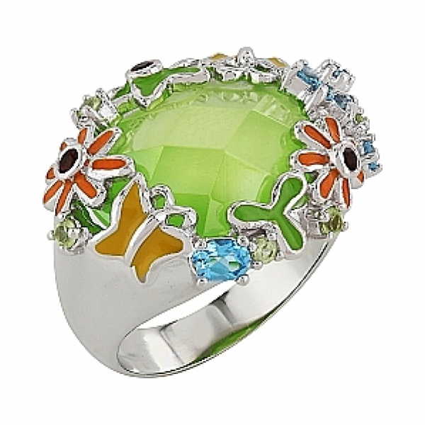 Серебряное кольцо с гранатом, хризолитом, топазом и фианитом № 99946