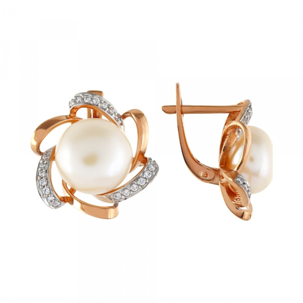 Золотые серьги с жемчугом и фианитом № 99697