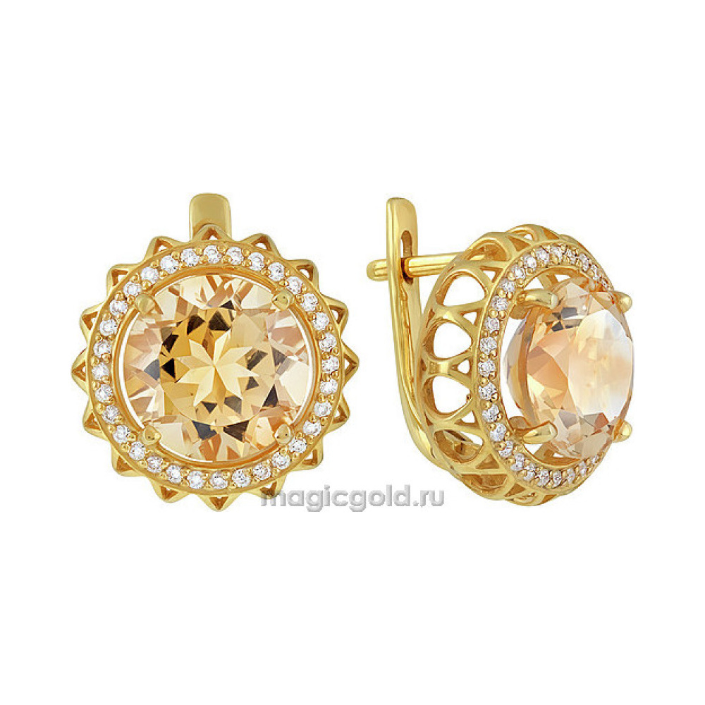 Серебряные серьги с цитрином,  фианитом и золотым покрытием № 134086