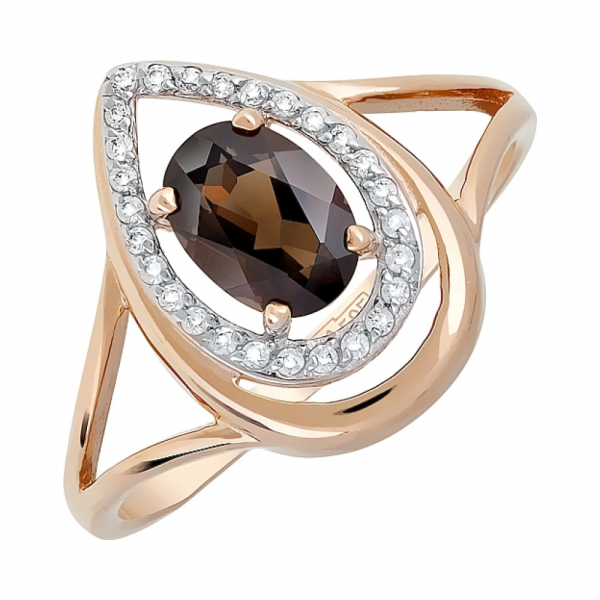 Золотое кольцо с раухтопазом и фианитом № 119308