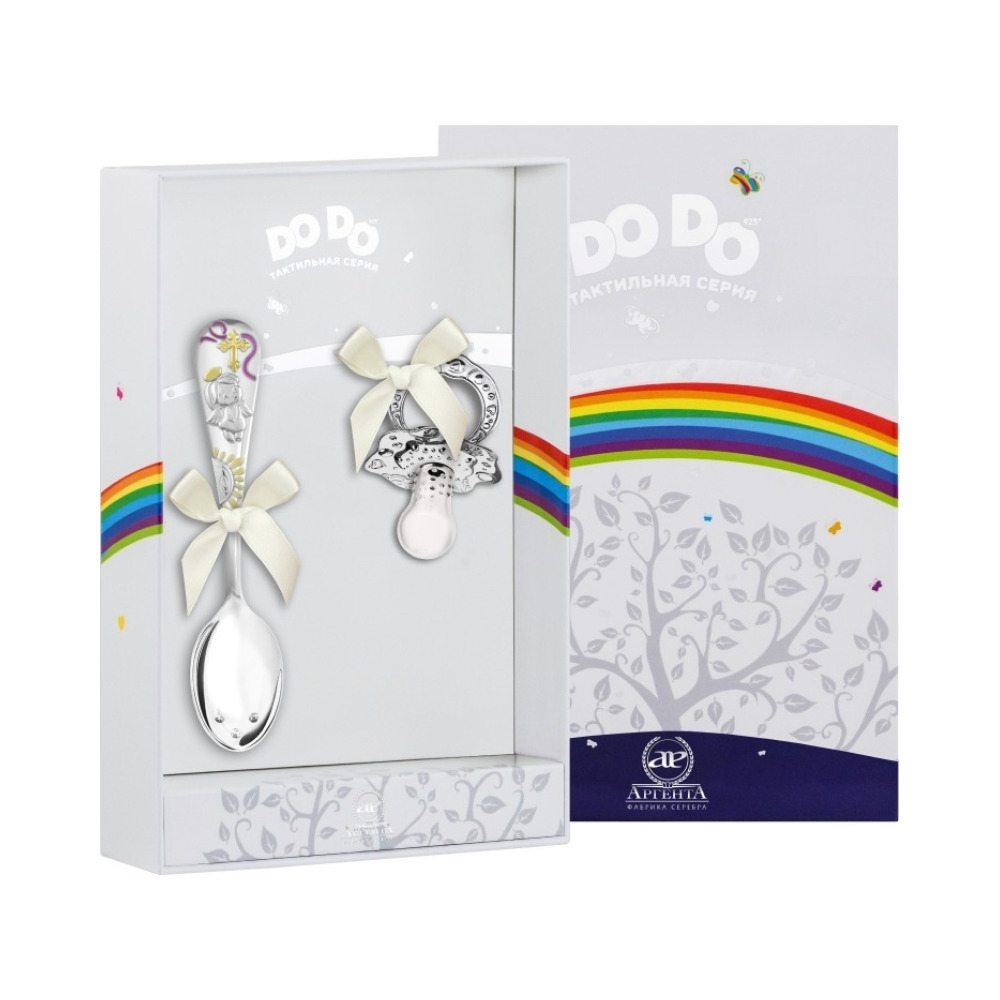 Набор детский DODO "Крестильный" (ложка Крестильная роз. + пустышка) + футляр