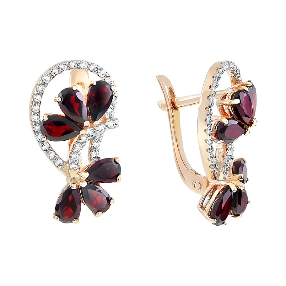 Золотые серьги с гранатом и фианитом № 85846