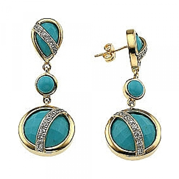 Серебряные серьги с фианитом, имитац. бирюзы и зол. покрыт. № 33983