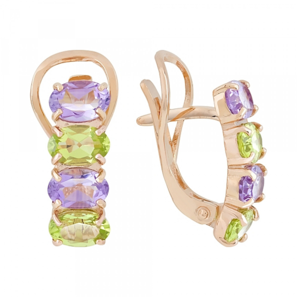 Золотые серьги с аметистом и хризолитом № 108802