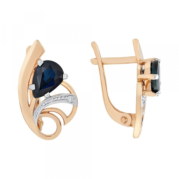 Золотые серьги с бриллиантом и сапфиром № 84898