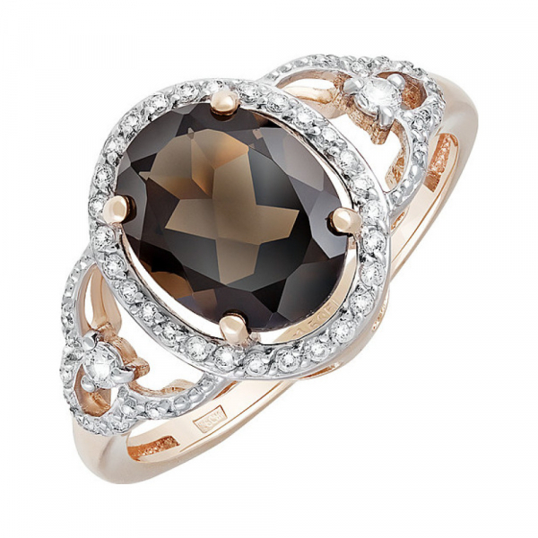 Золотое кольцо с раухтопазом и фианитом № 131608