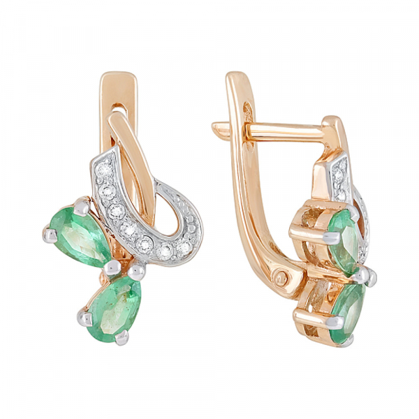 Золотые серьги с бриллиантом и изумрудом № 96384