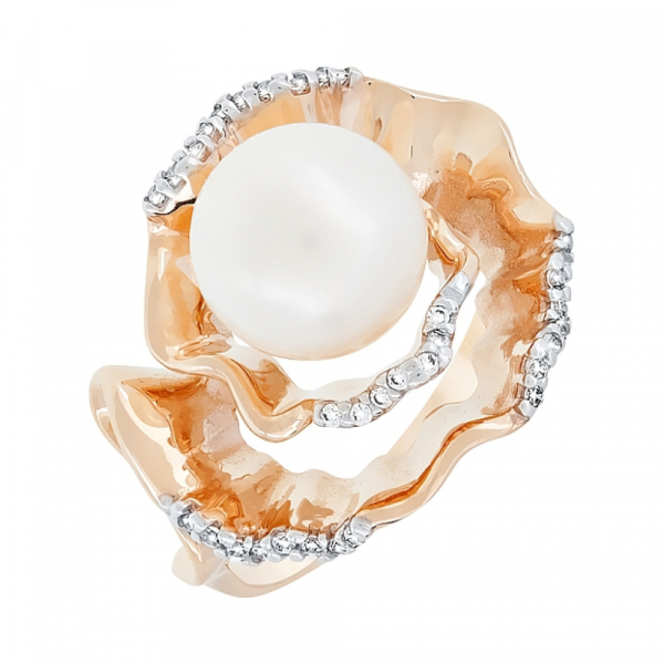 Золотое кольцо с жемчугом и фианитом № 117831