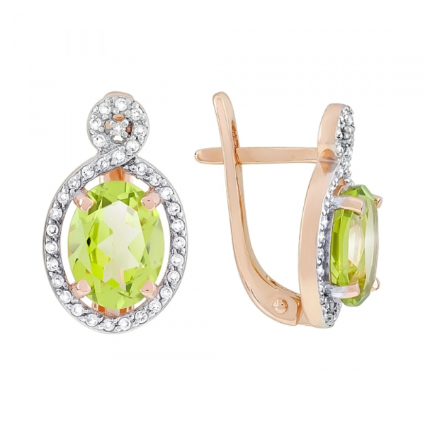 Золотые серьги с хризолитом и фианитом № 118903