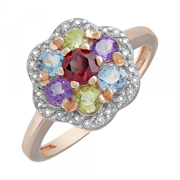 Золотое кольцо с полудрагоценными вставками и фианитом № 120431