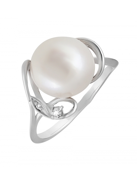 Серебряное кольцо с жемчугом и фианитом № 131609