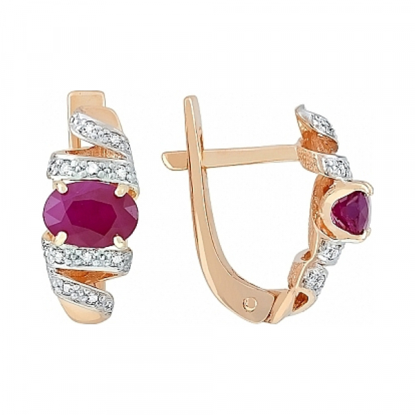 Золотые серьги с бриллиантом и рубином № 111629