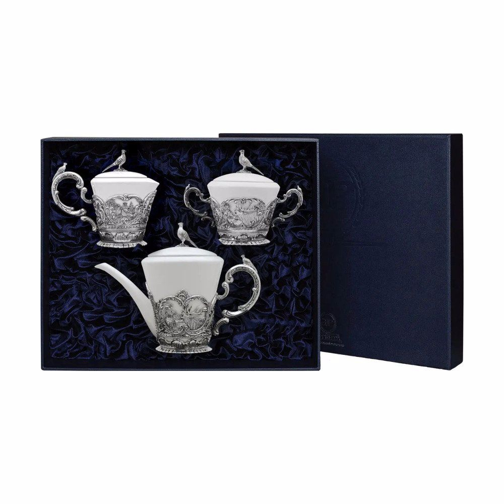 Набор Королевская охота: сахарница, сливочник, чайник из серебра 925 пробы