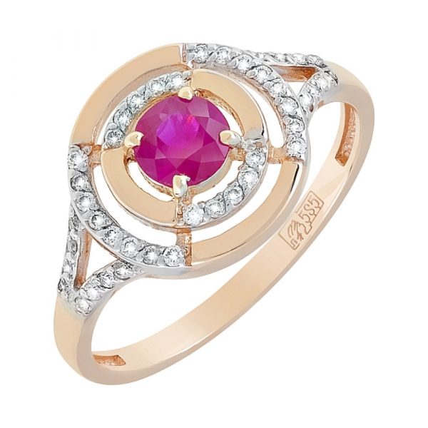 Золотое кольцо с бриллиантом и рубином № 119113