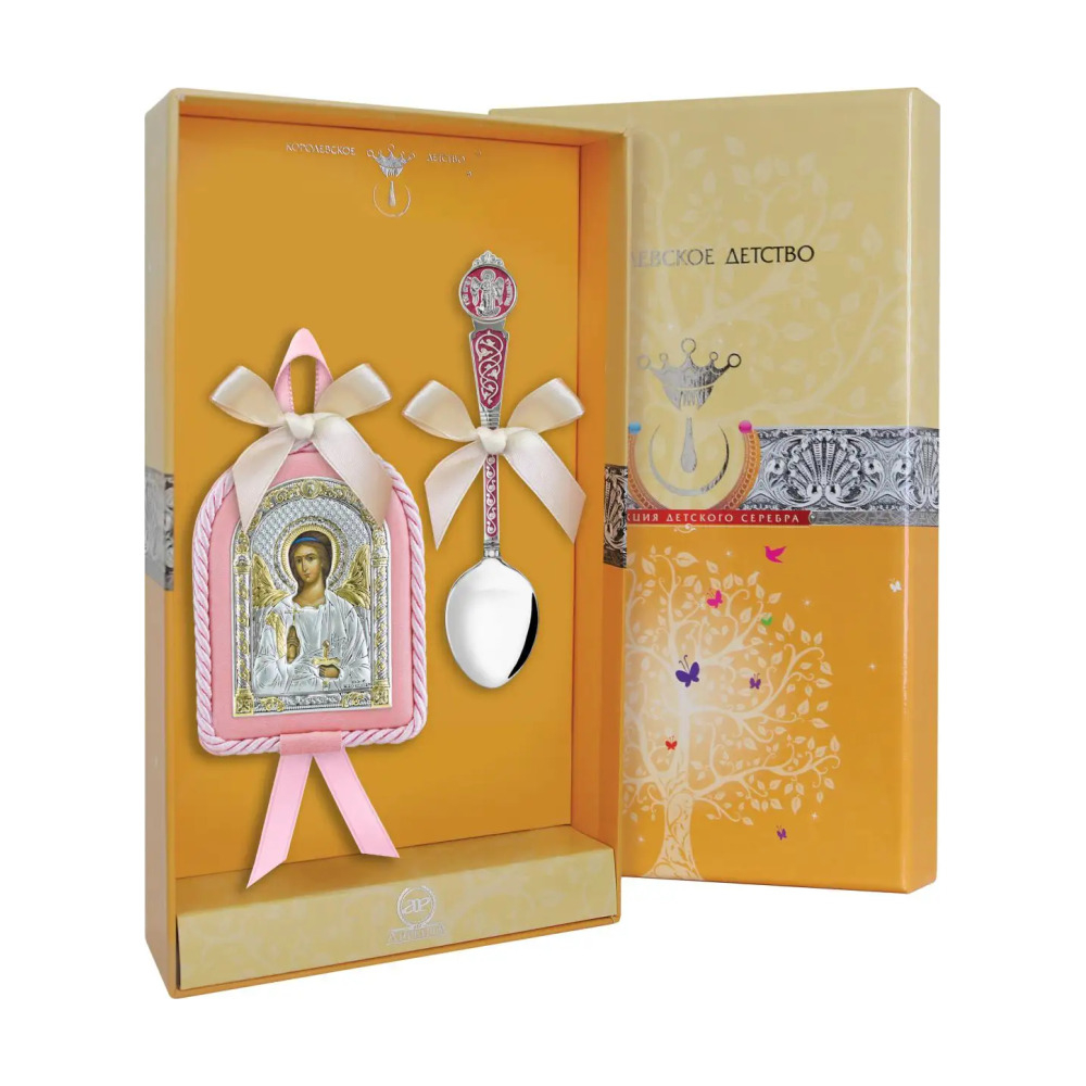 Набор детский Ангел Хранитель: икона розовая, ложка с эмалью из серебра 925 пробы