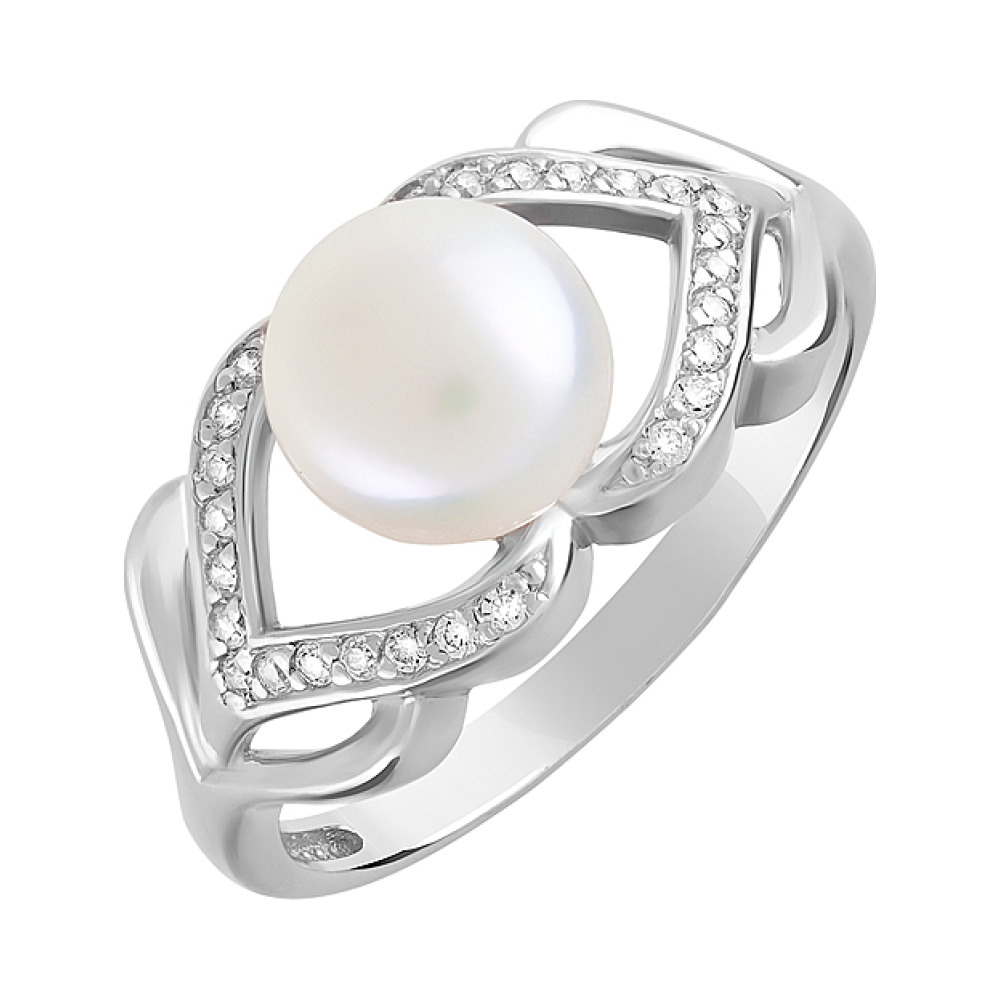 Серебряное кольцо с жемчугом и фианитом № 124696