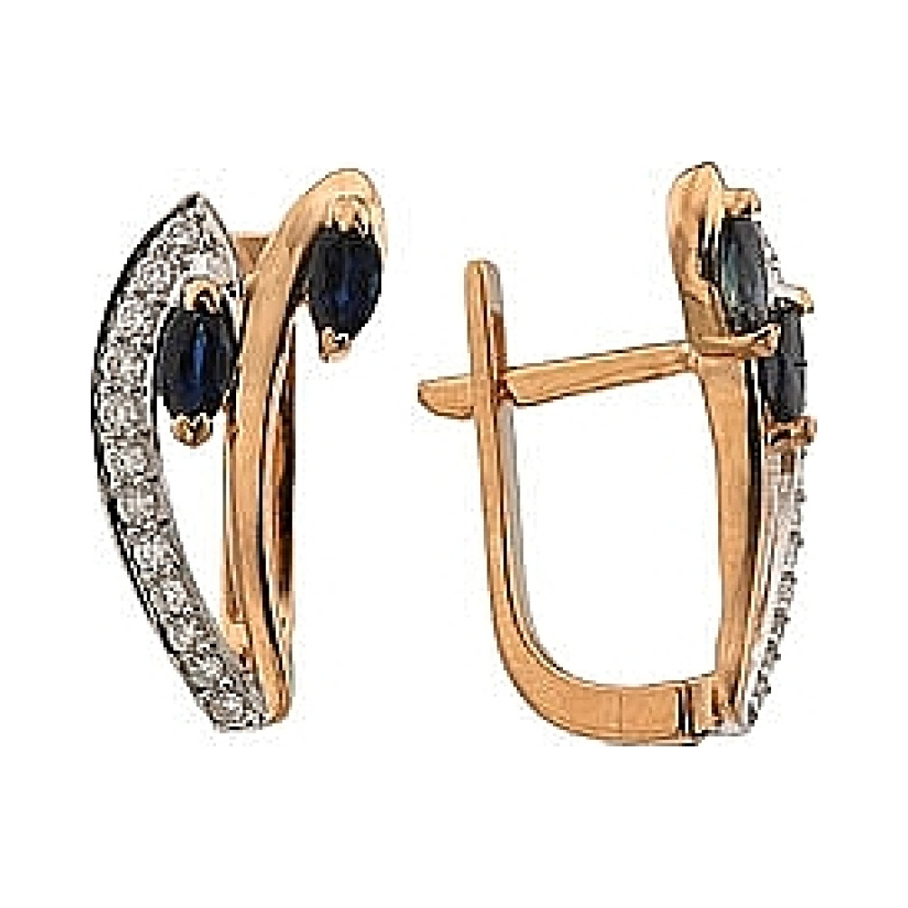 Золотые серьги с бриллиантом и сапфиром № 64135