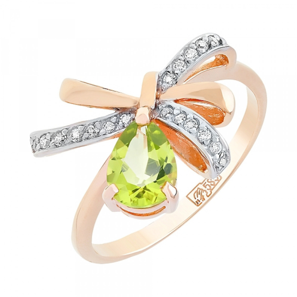 Золотое кольцо с хризолитом и фианитом № 100556