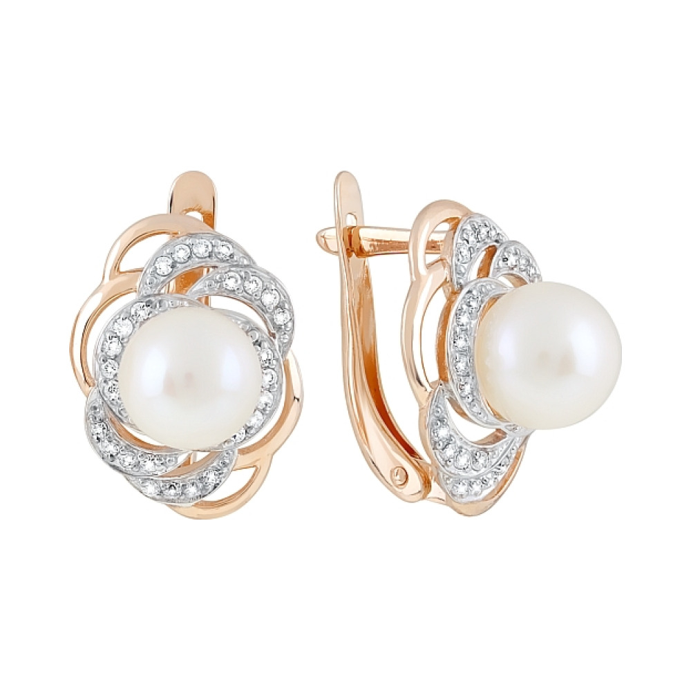Золотые серьги с жемчугом и фианитом № 120725