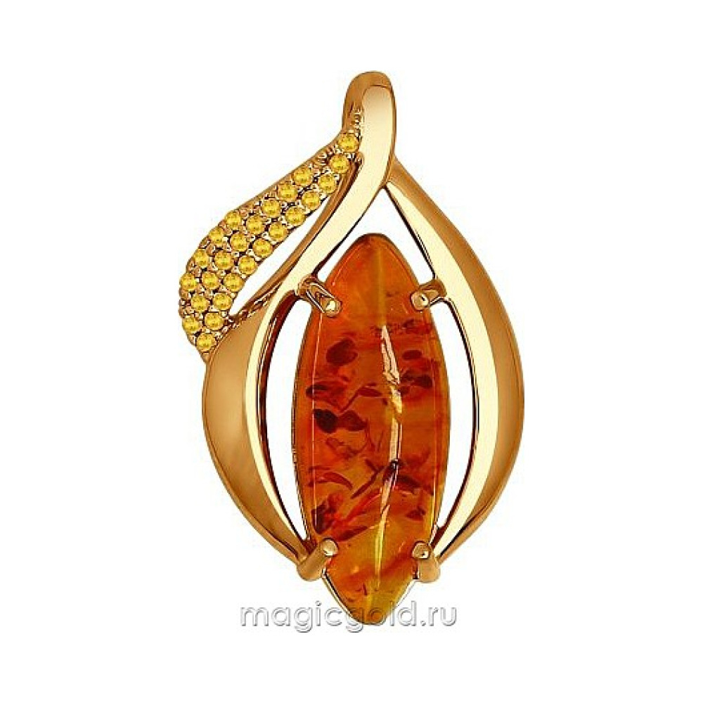 Серебряная подвеска с янтарем, фианитом и золотым покрытием № 141106