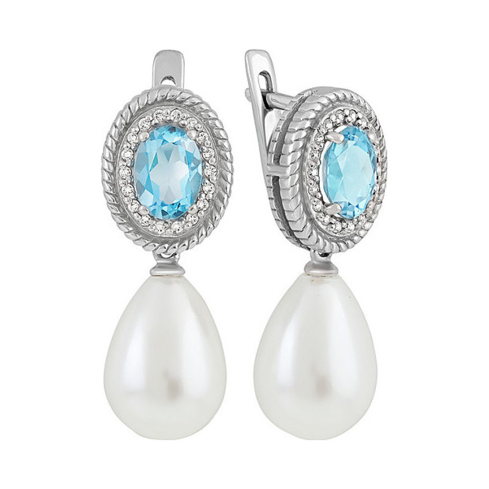 Серебряные серьги с топазом, перламутровым жемчугом и фианитом № 135296