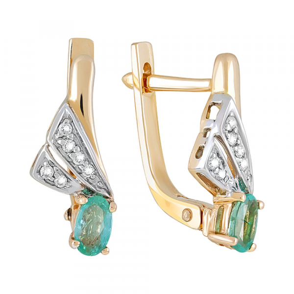 Золотые серьги с бриллиантом и изумрудом № 96245