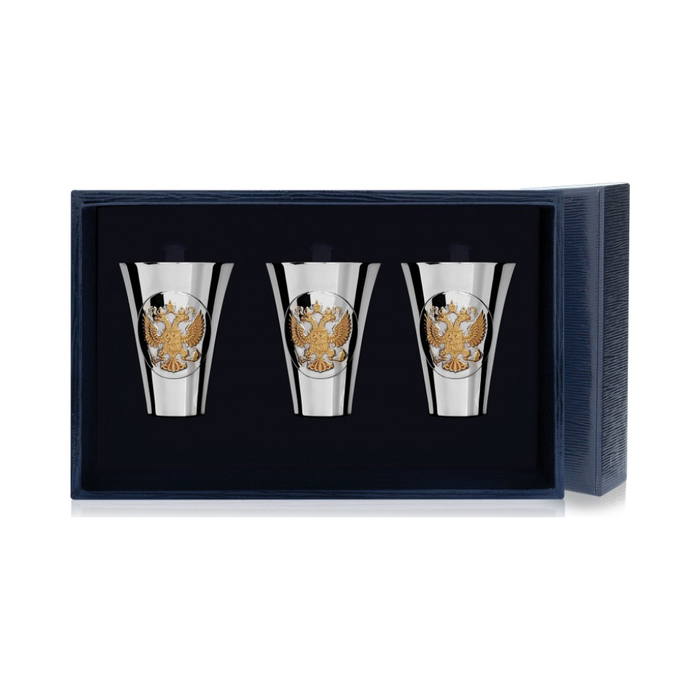 Набор серебряных стопок «Герб» полированных с позолотой из 3 предметов