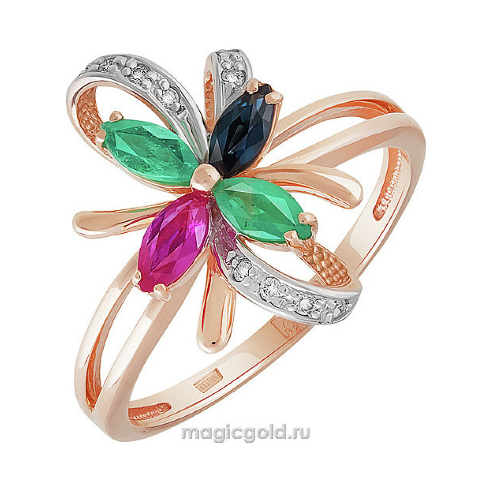 Золотое кольцо с драгоценными вставками и бриллиантом № 156445