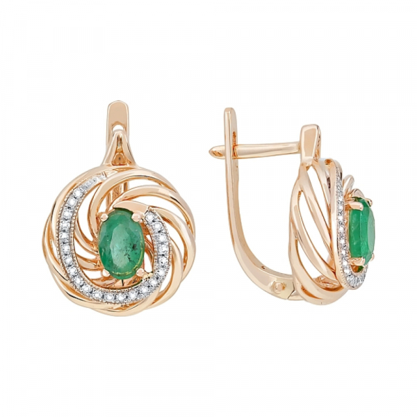 Золотые серьги с бриллиантом и изумрудом № 116746