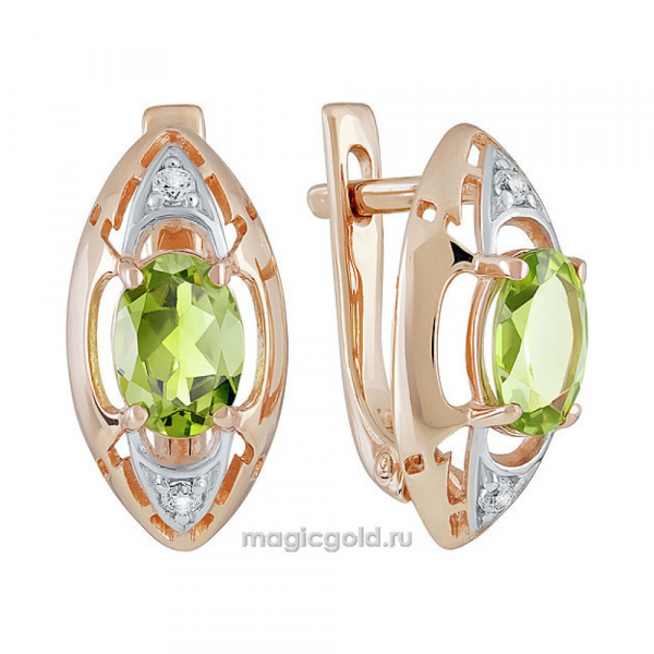 Золотые серьги с хризолитом и фианитом № 139087