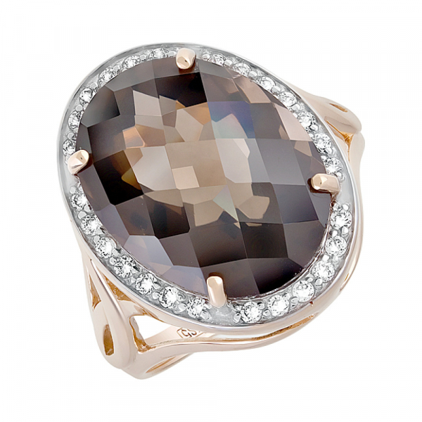 Золотое кольцо с раухтопазом и фианитом № 128924