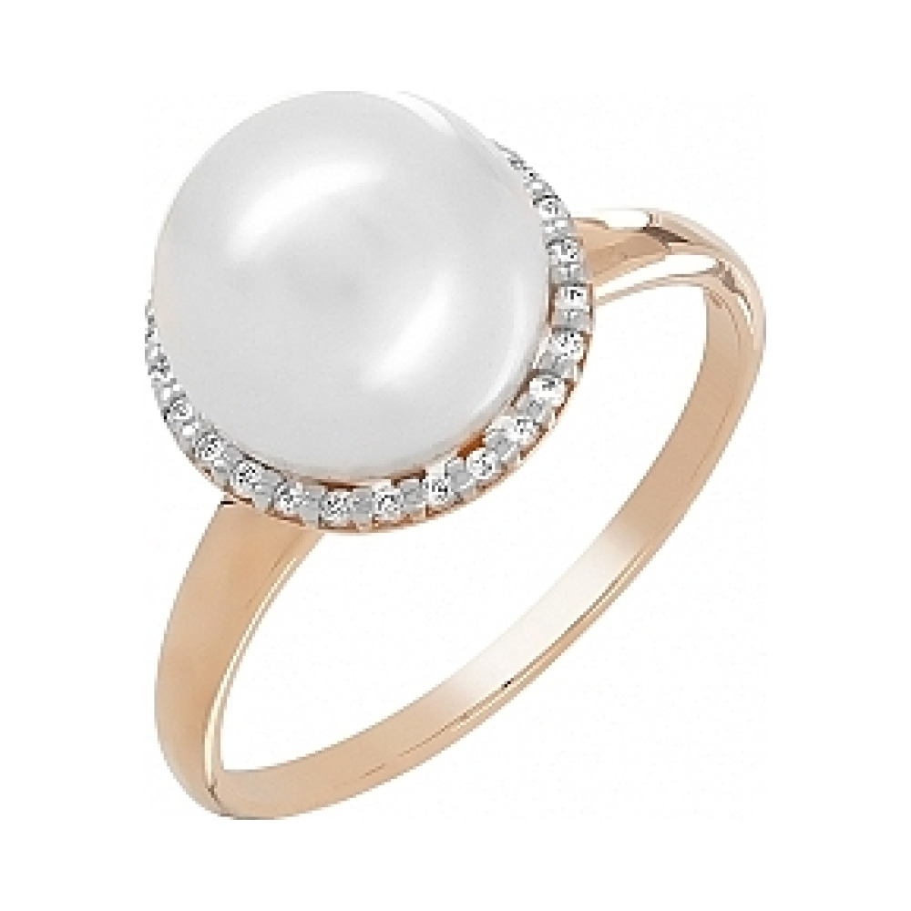 Золотое кольцо с жемчугом и фианитом № 109403