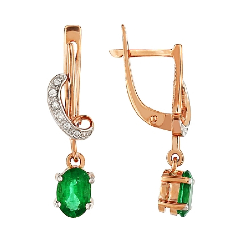 Золотые серьги с бриллиантом и изумрудом № 96704